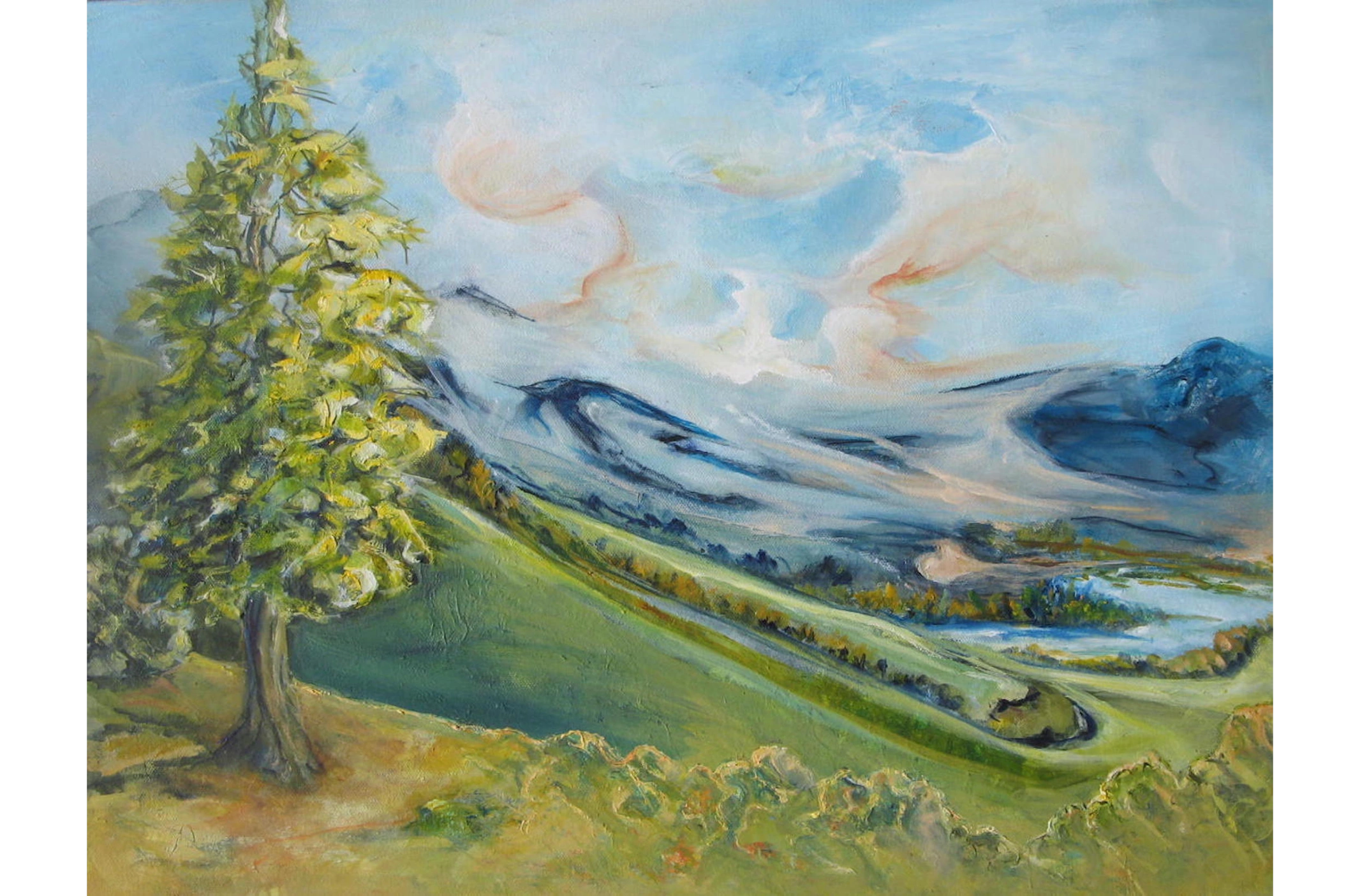 Alpine landscape with conifer tree and mountains – oil painting by Fay Grundvig
