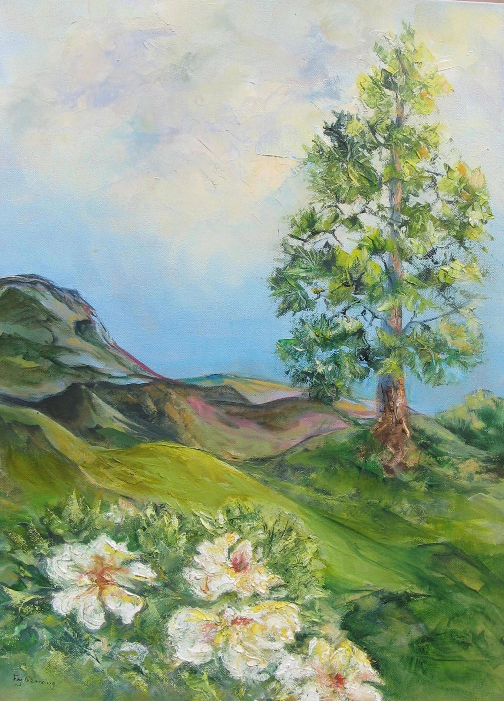 Lone Pine – solitary tree rolling hills painting