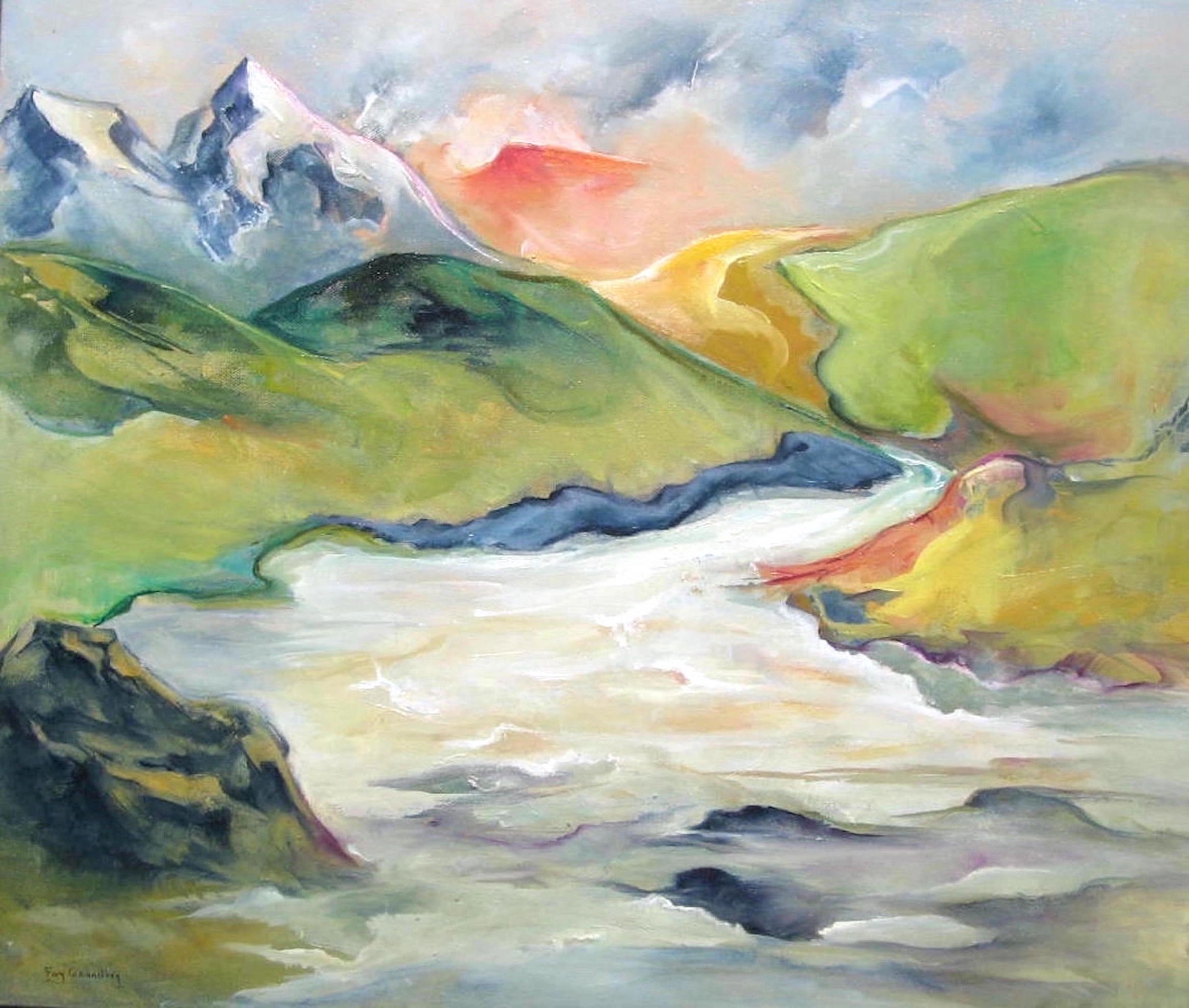 Rapids – alpine mountain stream watercolor painting