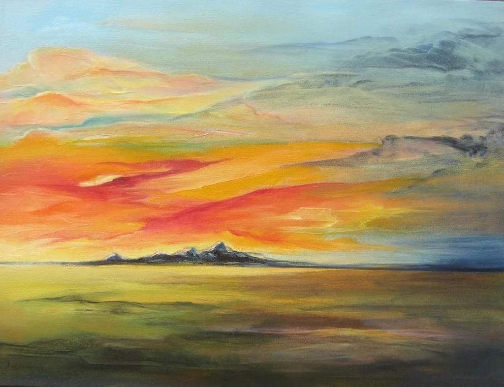 Dramatic sunset sky over mountains – oil painting by Fay Grundvig