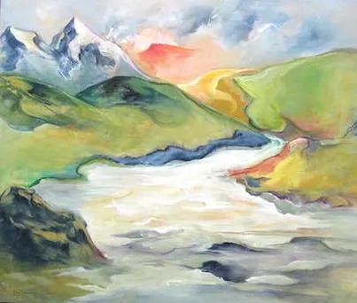 Mountain river valley watercolor landscape – painting by Fay Grundvig