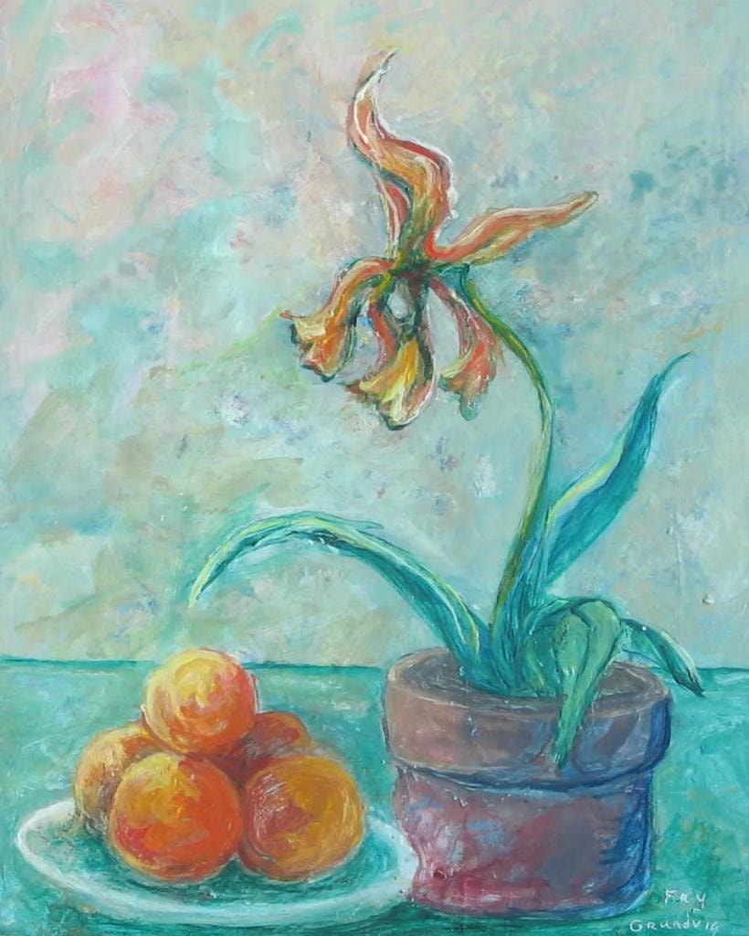 Orchid in pot with oranges still life – oil painting by Fay Grundvig
