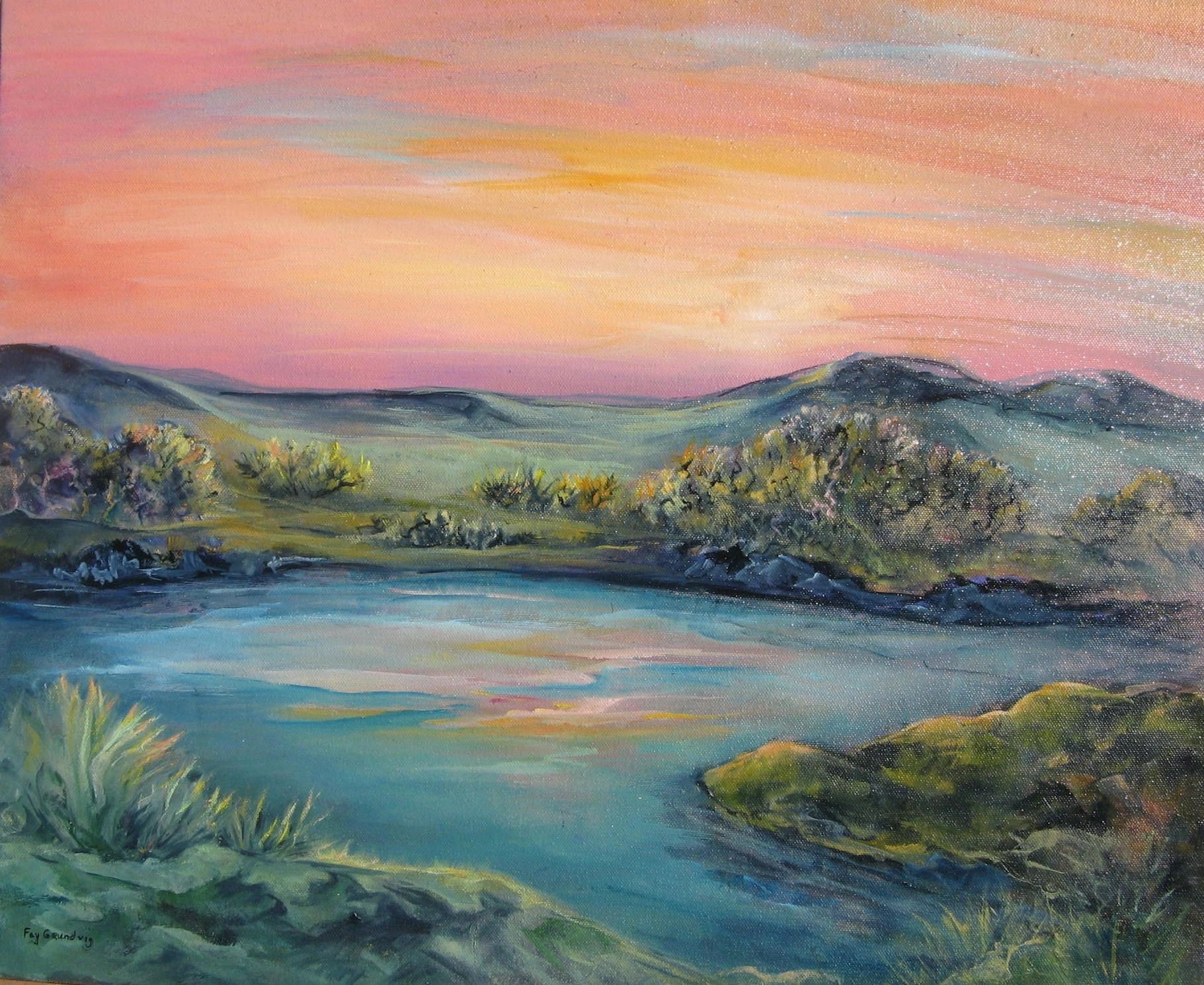 Dreamland – painted landscape river valley sunset