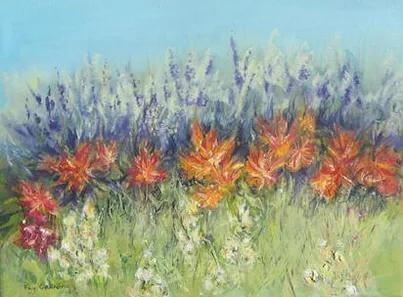 Wildflowers and lavender in a meadow – oil painting by Fay Grundvig
